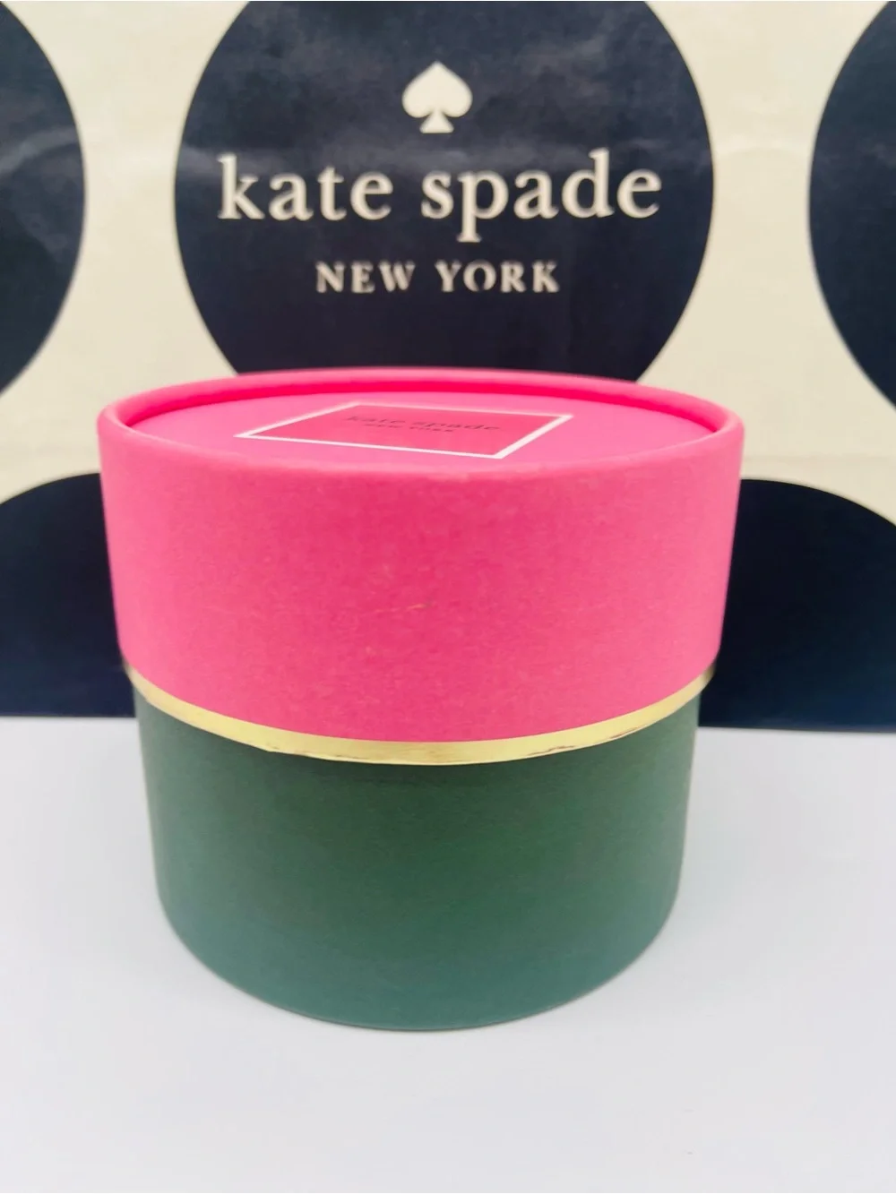 kate spade Pink and Green Round Gift Box with Gold Trim New